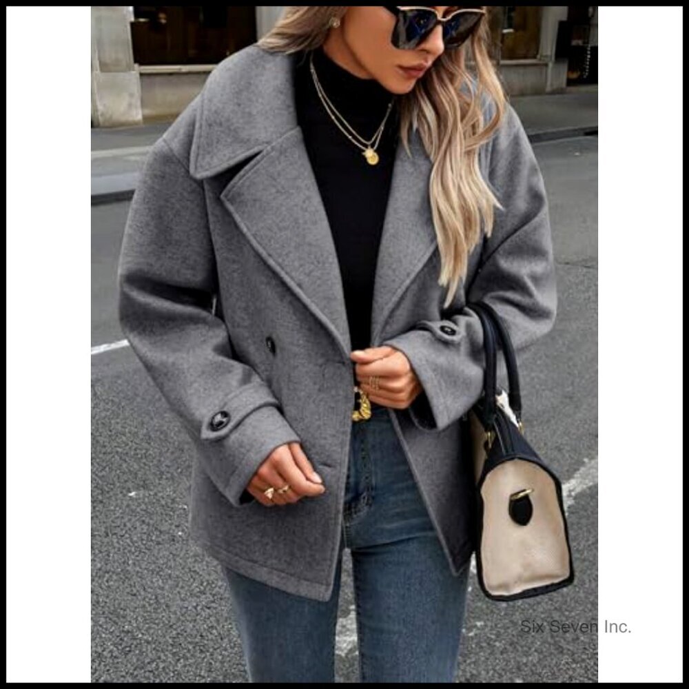 Wool Blend Pea Coat Cropped Blazer Jacket Loose Fit Double Breasted - Picture 6 of 6